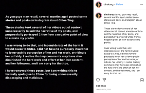 Screenshot of Nian Kang’s public apology to Chloe Ting.