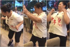 Madam Loh Feng Ling performing a chicken dance. Screenshots compiled by The Straits Times..jpg