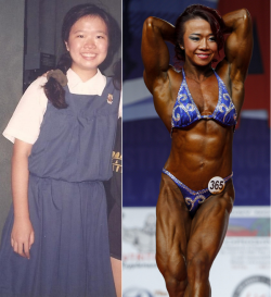 Joan Liew as a student of CHIJ Toa Payoh Secondary School (left) and Joan Liew, winner of  2014 Arnold Amateur Women's Physique Tall category (right).
