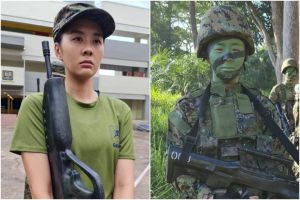 Samantha Tan on the set of  Ah Girls Go Army. Photo from The Straits Times.